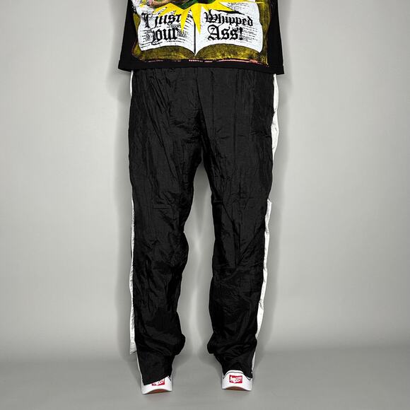 Vintage Track Pants Jet Black Nylon White Baggy Flared Fit Lined 90s - Picture 3 of 4
